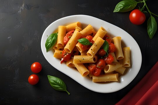 Top view rigatoni pasta tomato sauce parmesan cheese basil leaves on white plate. Italian cuisine. Delicious meal for lunch or dinner. Tasty fresh ingredients. Culinary concept.
