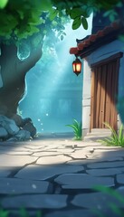 A serene scene depicting a quaint building with a wooden door illuminated by soft light, surrounded by lush greenery and a mystical atmosphere, perfect for a fantasy-themed backdrop