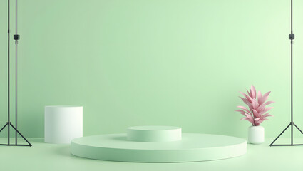 Minimalist studio with green backdrop, podiums and a pink plant for a modern presentation.