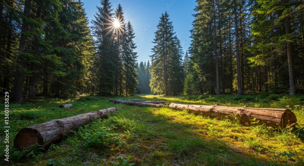 Poster sunlit forest path with fallen logs - serene sunlit path through a lush evergreen forest, featuring 