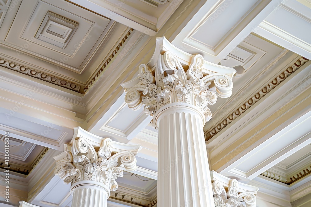 Poster a close-up view of two intricately detailed ionic columns, their capitals reaching towards a high, o
