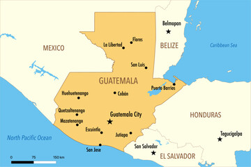 Naklejka premium Vector Map of Guatemala with Major Cities and Neighboring Countries – Editable Digital Illustration