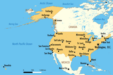 Obraz premium Vector Map of the United States of America with Major Cities and Neighboring Countries – Editable Illustration