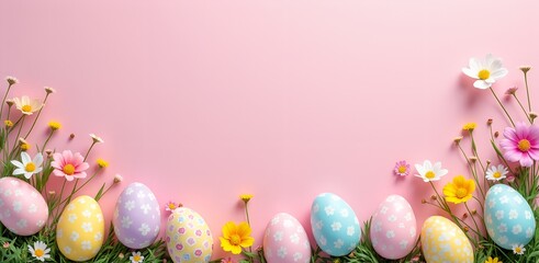 pastel easter eggs with polka dots and stripes surrounded by daisies and blossoms on a pink background, perfect for spring decor and festive promotions
