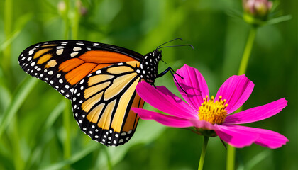 Naklejka premium Monarch Butterfly on Pink Cosmos Flower in Natural Setting