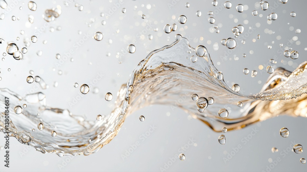 Poster dynamic splash of water with bubbles on a clear background, capturing motion and freshness.