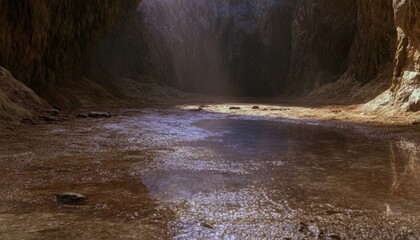 A serene underground cavern with a reflective pool of water, illuminated by soft light filtering through the rocky ceiling, creating a tranquil and mystical atmosphere