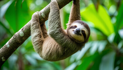 Cute Sloth Hanging Upside Down on Tree Branch