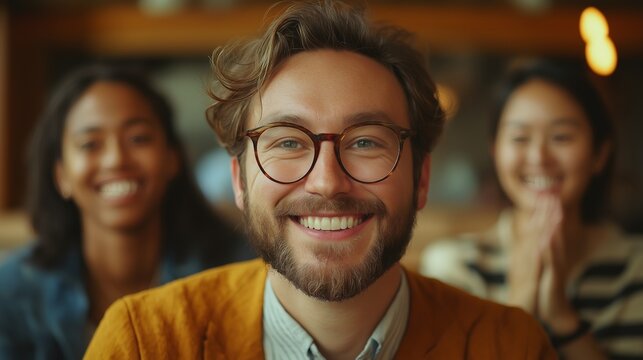 Smiling man in glasses with colleagues during team introduction