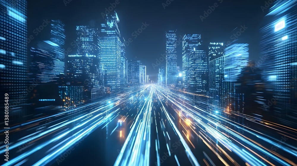 Poster a dynamic and futuristic urban landscape featuring towering skyscrapers glowing data streams in plac