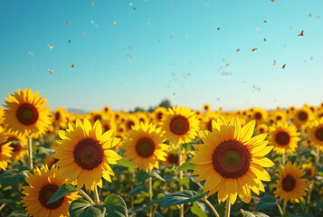 Sunflower field and blue sky background.