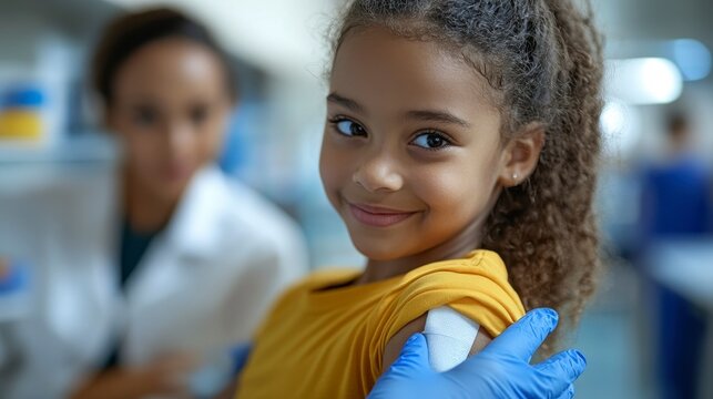 Vaccinated girl, smiling, arm bandaged. Doctor blurred in the background, administering medicine