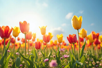 Fototapeta premium Tulip flowers and big sky background.