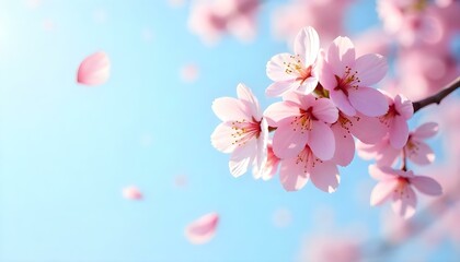 Obraz premium Close-up shot of cherry blossoms in full bloom against a soft blue sky, petals falling, soft diffused lighting, pastel color palette, digital art