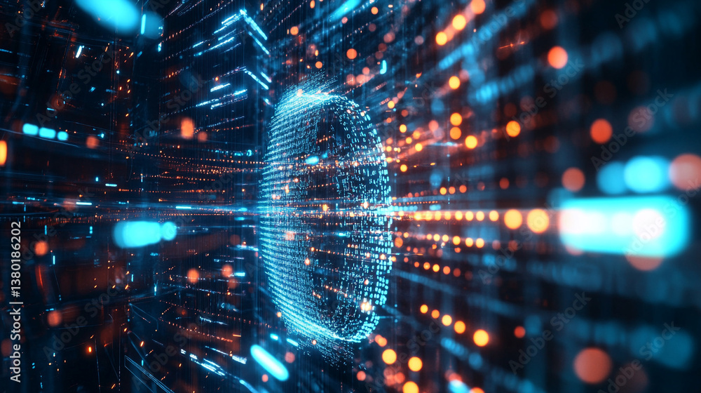 Poster digital padlock formed by binary code amidst glowing lines and bokeh lights in a dark background