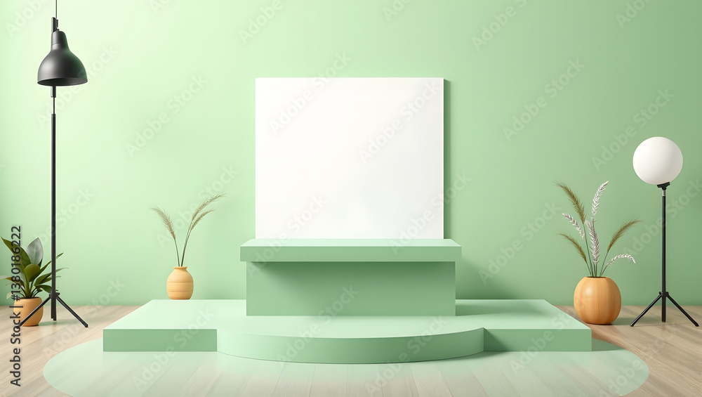 Aufkleber minimalist green studio setup with podium and blank canvas for product display or presentation.