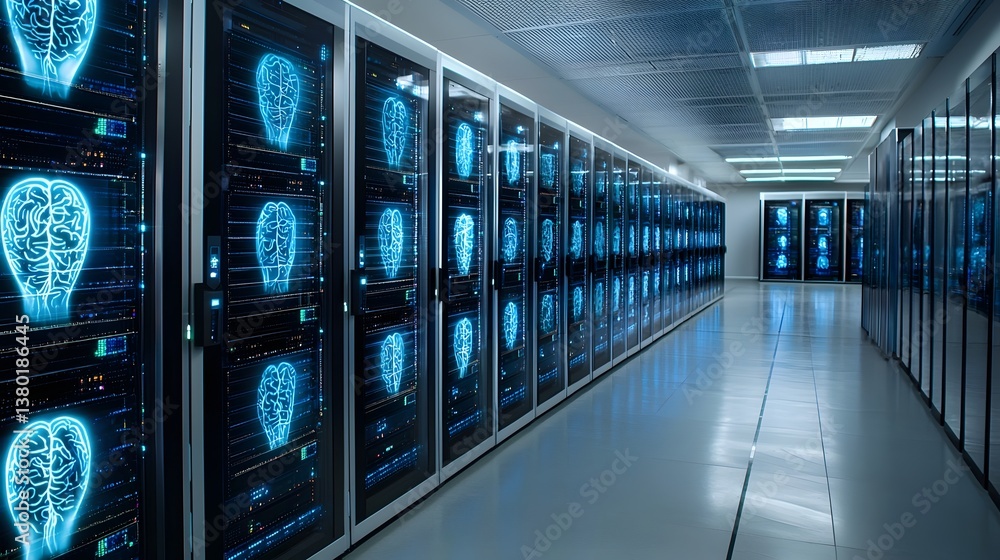 Aufkleber A futuristic data center with rows of servers and terminals housing a digital system for the storage and processing of human consciousness