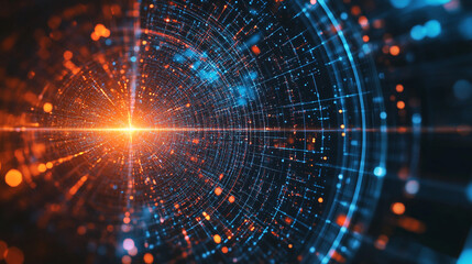 Obraz premium Abstract orange and blue digital tunnel with glowing light at the center and grid lines