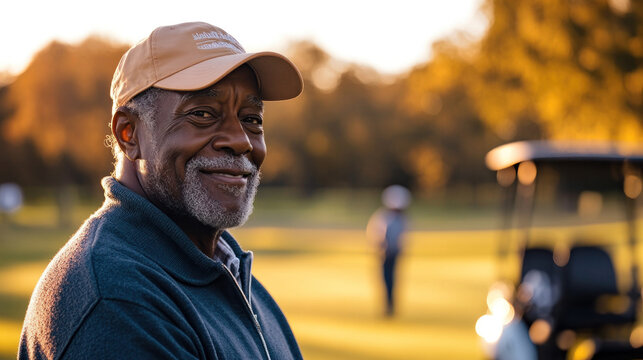 elderly african american wealthy golfer enjoying peaceful day on golf course amidst autumn scenery. senior activity, retirement leisure, hobby. banner with copy space