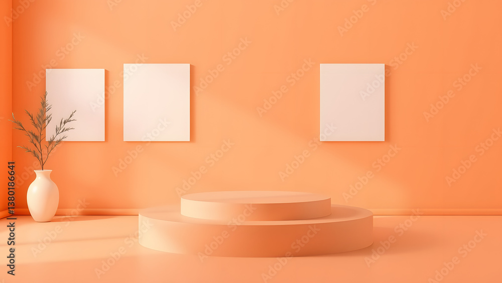Poster minimalist room design with a display podium and blank frames in warm tones.