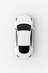 A sleek, modern white car viewed from above, showcasing its smooth lines and stylish design, set against a minimalistic white background, ideal for automotive advertising