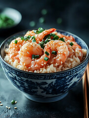 Vibrant shrimp dish with sesame seeds and green onions served atop rice in a blue and white ceramic bowl.