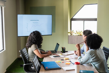 Marketing professionals analyzing performance report on a monitor in meeting room