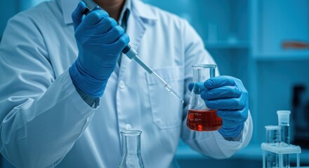 Close-up of Scientist's Hands Pipetting Red Liquid into Erlenmeyer Flask in Lab