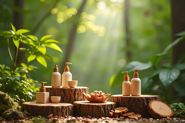 Fototapeta premium Natural Wooden Podiums for Product Presentation – Forest-Themed Cosmetic Display Pedestal 