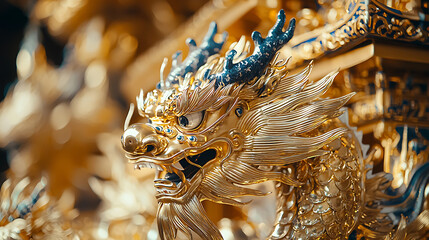 Gleaming golden dragon statue with intricate detailing highlighted by blue accents and soft blurred background.
