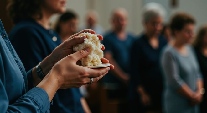 Person holding piece of bread during communion service with congregation. Christian sacrament of Eucharist with bread representing body of Christ. Religious ceremony. Church worship ritual.