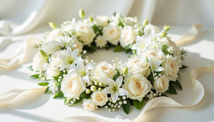 Elegant white floral wreath with roses and lilies on silk backdrop, Memorial wreath, Memorial Day  