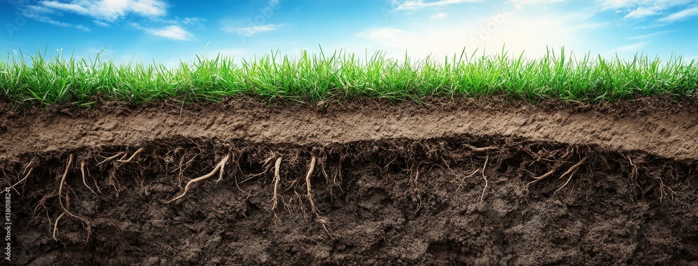 Poster the cross-sectional view of soil layers displays a panorama, showing roots penetrating various soil 