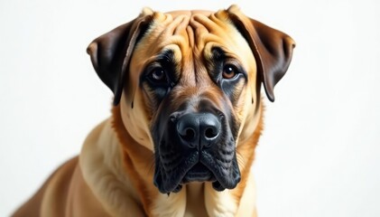Fototapeta premium Noble mastiff head shot, intense gaze, pure white backdrop, macro, giant breed