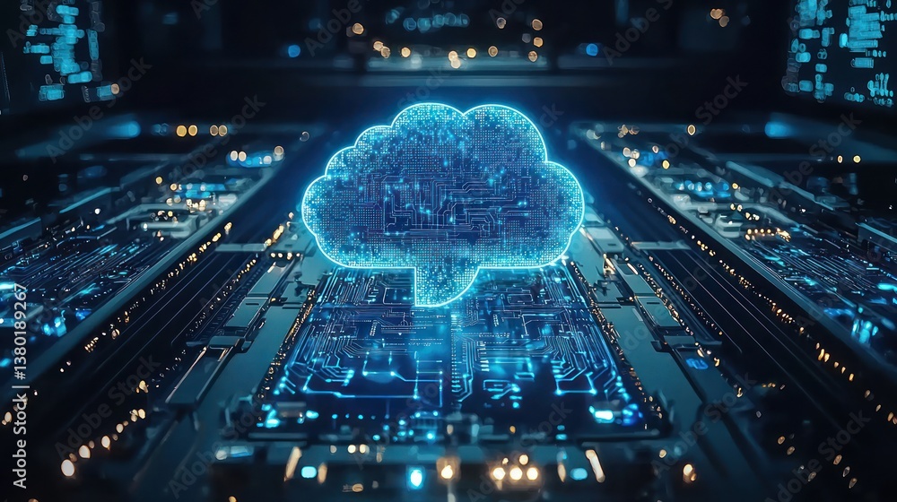 Poster futuristic cloud technology concept with circuit board background representing artificial intelligen