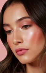 Fototapeta premium A woman with long dark hair poses against a soft pink background, showcasing a stylish outfit and confident demeanor.