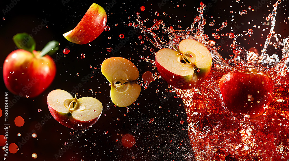 Poster a close up of a glass of apple juice with apple slices floating in it