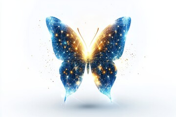 A stunning digital illustration of a butterfly composed of glowing blue and golden particles, symbolizing transformation and beauty, set against a clean white background