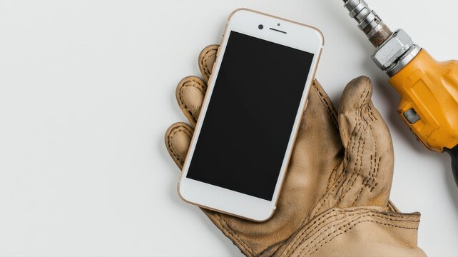 Gloved hand holding smartphone with drill on white background, merging technology and construction concepts. - Powered by Adobe