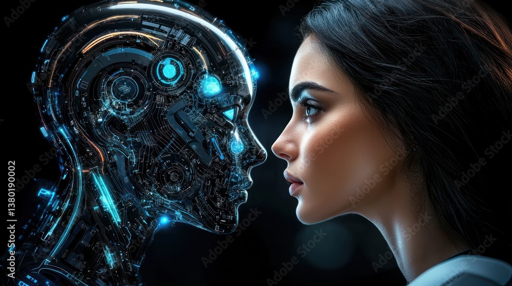 Poster human encounter with ai: exploring the intersection of technology and humanity in a futuristic setti