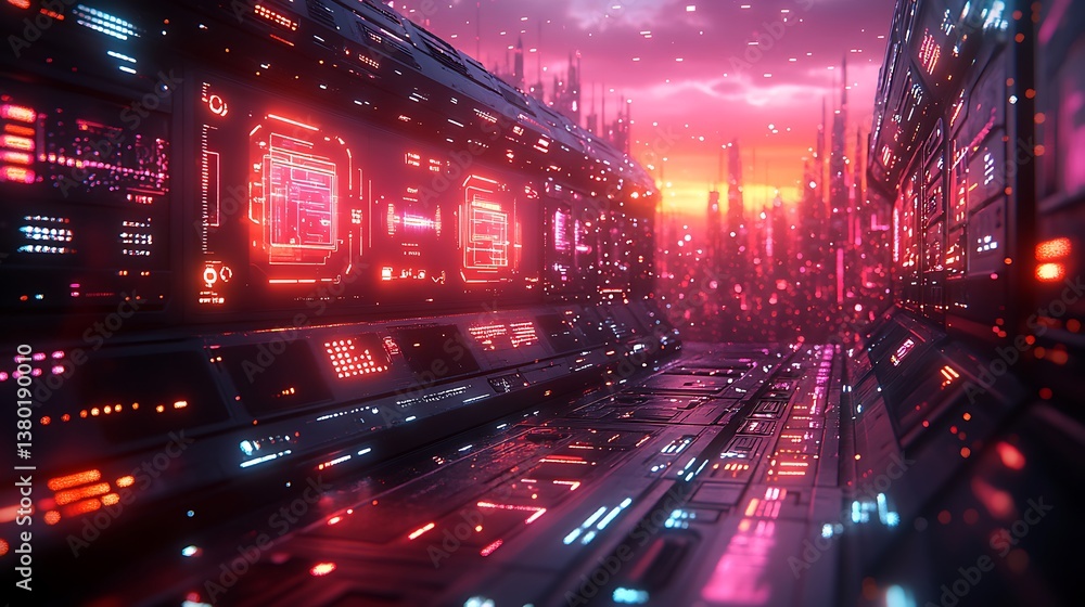Aufkleber a futuristic digital interface with floating icons and soft gradients, leaving space at the bottom f