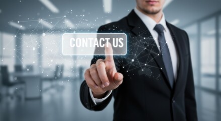 Man in suit touching virtual contact us button in office