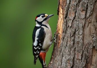 Fototapeta premium Great Spotted Woodpecker on Tree Trunk, Black, White, Red Plumage, Bird, Nature, Wildlife Photography.