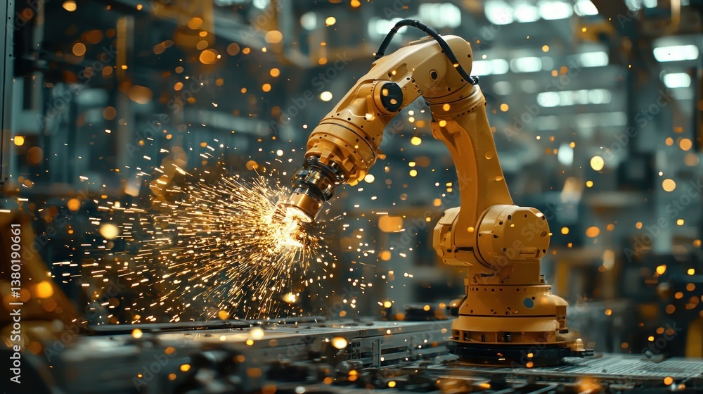 Poster advanced robotic arm in action with sparks, showcasing efficiency and innovation in modern manufactu
