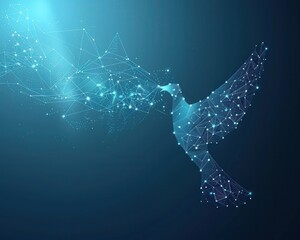 A stunning digital representation of a bird emerging from a network of interconnected lines and particles, symbolizing freedom and technology in a serene blue environment