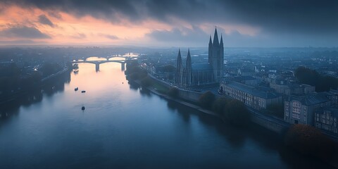 Naklejka premium Cityscape with River and Cathedral at Sunrise with Cloudy Sky