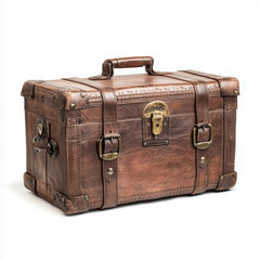 vintage brown leather suitcase with straps isolated on white
