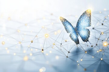 A stunning digital representation of a butterfly with a network of glowing connections, symbolizing transformation and innovation in a serene, abstract background