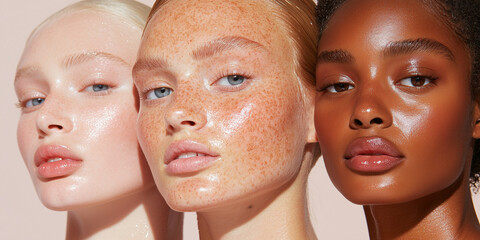 cosmetics or beauty campaign shot against plain pink background three beautiful models with skin texture glass skin natural makeup freckles and moisturiser and skintones