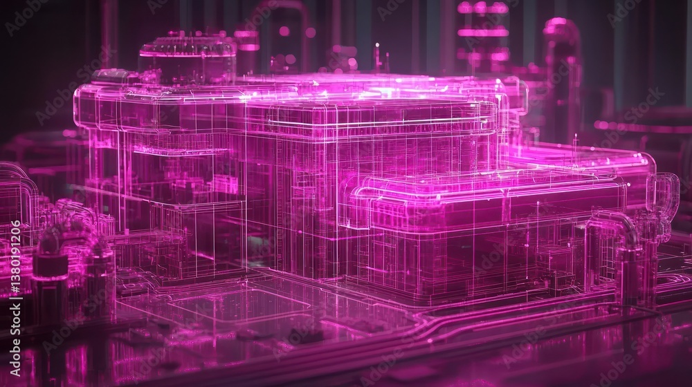 Poster futuristic digital structure in glowing pink with architectural lines, symbolizing advanced technolo